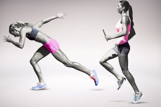 Composite image of sporty woman running 
