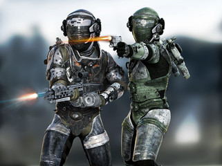 Space Marines fire team engaging the enemy on a mission. 3d rendering