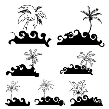 coconut tree drawing a vector,set of free hand coconut tree on a black doodle