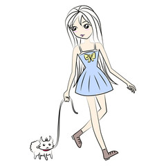 illustration vector black line of a cute girl walking with the dog on white background