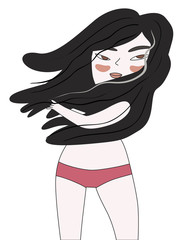 A flat vector cartoon illustration of a brunette girl with long hair blown by tempered winds wearing red pants standing full-face