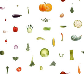 Vegetables pattern on white - hand-drawn vector seamless pattern of vegetables, isolated on transparent with white background, metaphor of healthy eating