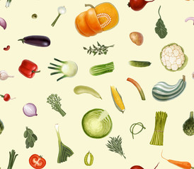 Vegetables pattern on light cream - hand-drawn vector seamless pattern of vegetables, isolated on transparent with light cream background, metaphor of healthy eating