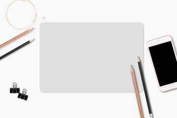 Blank paper with pencil and smartphone on wooden table, Business