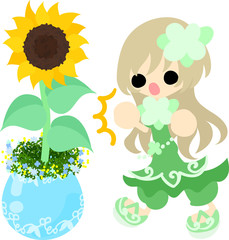 A deciding cute little girl and a flowerpot of sunflower