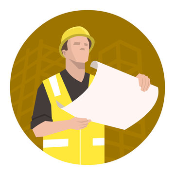 recommend clip art: Construction worker, engineer or architect looking at the project plan. Yellow round background construction site silhouette.