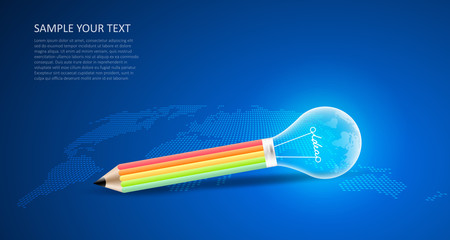 Blue background with abstract pencil lightbulb.