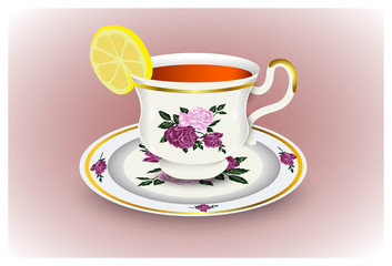 Tea cup on a saucer and a lemon. Porcelain set, vector illustration.