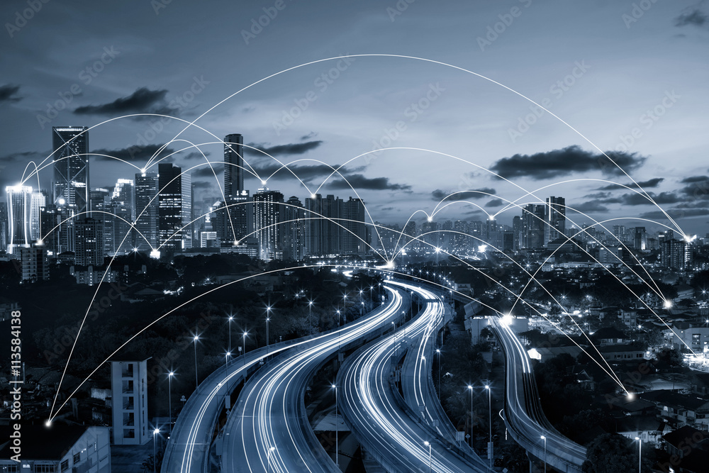 Wall mural blue tone city scape and network connection concept..image id:411942079