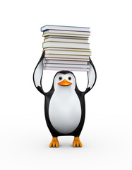 3d penguin carrying pile of books