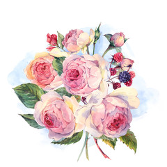 Watercolor bouquet of English rosesand wildflowers