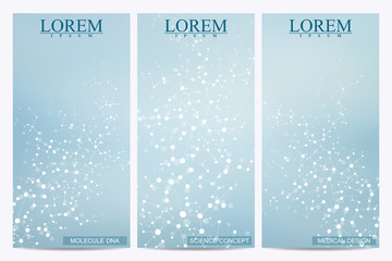 Set of modern vector flyers. Abstract background with molecule structure DNA and neurons. Medicine, science, technology banner, card,web, certificate.