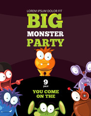 Monster party card, invitation, poster, backdrop vector template. Happy monster invitation to party and celebration banner monster party illustration