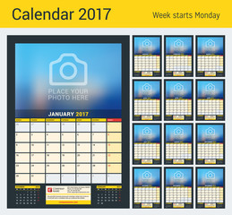 Wall Calendar Planner for 2017 Year. Vector Design Print Template with Place for Photo. Dark Background. Week Starts Monday. 3 Months on Page. Planner Template. Stationery Design
