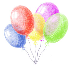 Bright colorful balloons, drawing by crayon. Hatching colored pencil.
