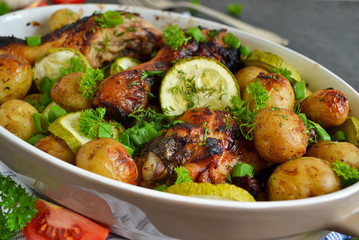 Baked potatoes with chicken and vegetables on a black background