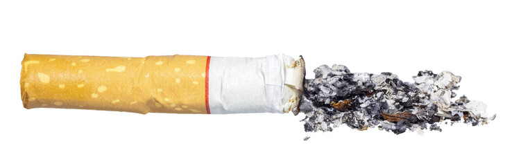 Cigarette isolated on a white background. Close up of Cigarette. Cigarette butt with ash. Tobacco isolated.