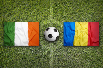 Ireland vs. Romania flags on soccer field