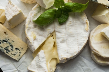 Cheese assorted on a table background. Variety sorts for appetizing, gourmet, delicious snacks. Traditional French dish for wine on lunch and dinner closeup. Camembert, Roquefort.