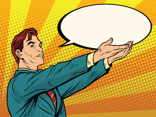 Retro businessman holding a comic bubble