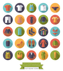 Flat Design Clothing and Fashion Round Icon Set