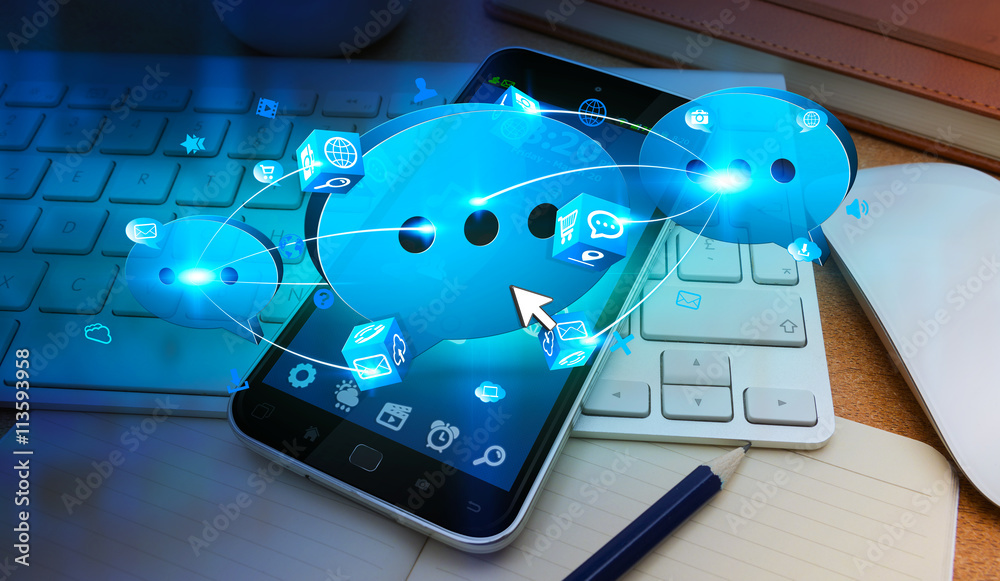 Poster modern mobile phone with web chat icon