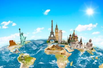 Famous monuments of the world surrounding planet Earth