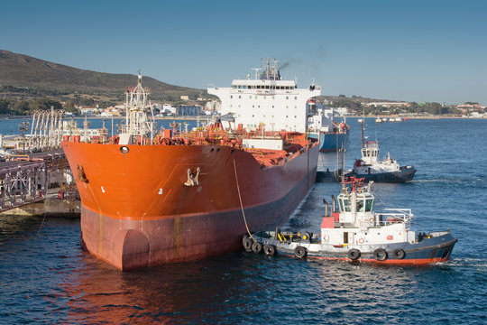 Chemical tanker during mooring operation in port.