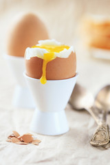 Soft-boiled egg in the stand with the current yolk against other eggs for breakfast