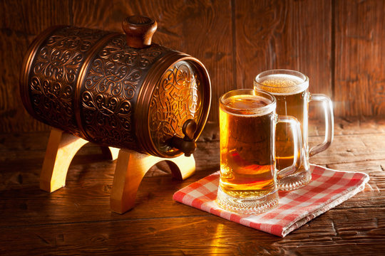 Beer mugs and small barrel