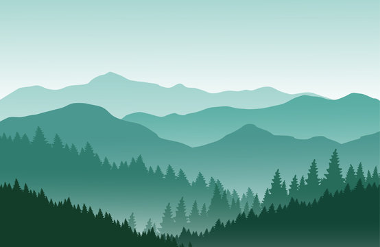 Mountains vector landscape. Nature background in green colors. Mountaineering and traveling concept. Vector illustration.