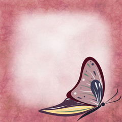 Hand drawn textured watercolor background with insect. Pink card with butterfly Template for letter or greeting card.Series of Watercolor,Oil,Pastel Backgrounds and Cards,Blanks,Forms.