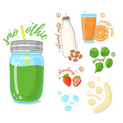 Green cocktail of fruits and vegetables. Smoothies with spinach, almond milk and a banana. Recipe vegetarian smoothies in a glass jar. Vector.