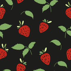 Seamless wallpaper with a pattern of berries and plants. Seamless background with strawberries on a black background. Wallpapers with natural decor in an organic style. Vector