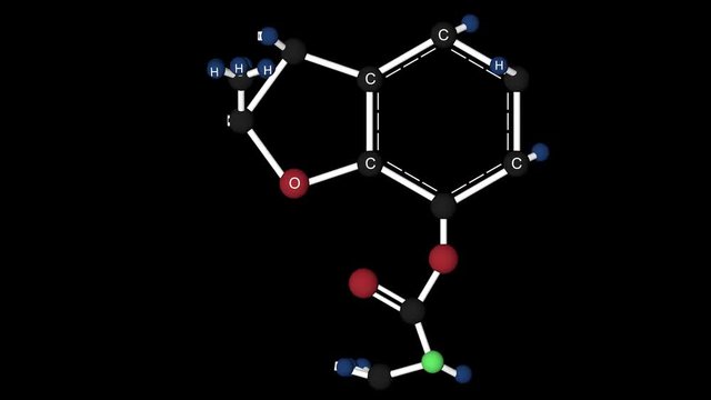 Carbofuran molecule structure. Molecular structure of carbofuran, 3D animation. Alpha channel.