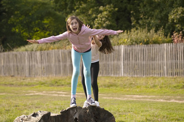 Playing. Two sisters are pretending to push each other off an old dead tree trunk. They are mucking...