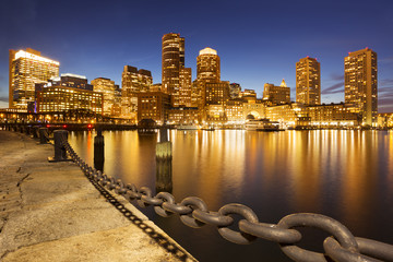 Boston, Massachusetts, USA skyline from Fan Pier at night