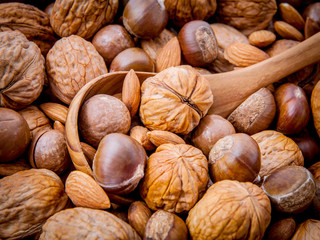 Background with different kinds of nuts  walnuts kernels ,macada