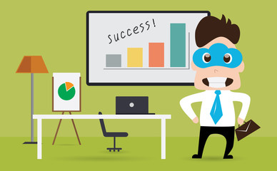 Cloud mask business man standing nearby working table, start up business concept working space