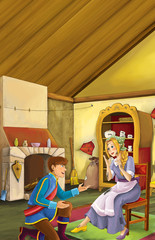 Cartoon scene of man proposing to a woman in the old kitchen - illustration for children