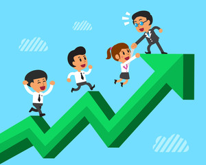 Cartoon business team with green arrow