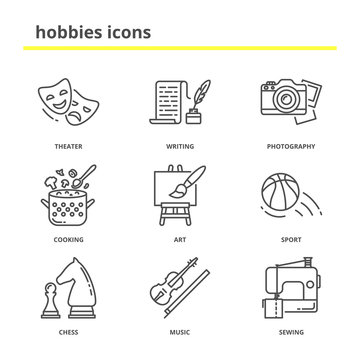 Hobbies vector icons set: theater, writing, photography, cooking
