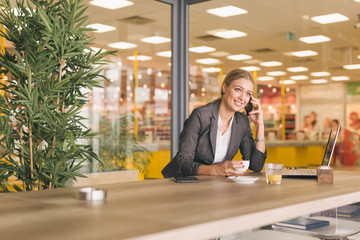 Business woman using mobile phone in coffee shop