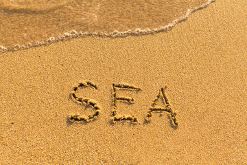 Sea - word drawn on the sand beach with the soft wave.