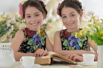 Two little girls in floral dresses