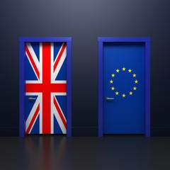 Three-dimensional rendering illustration of the door with signs UK and EU flags in the subject of the referendum on withdrawal from the association