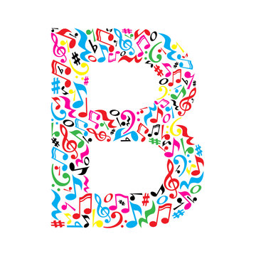 B letter made of colorful musical notes on white background. Alphabet for art school. Trendy font. Graphic decoration.