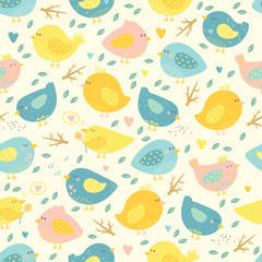 Lovely seamless pattern with cute birds and tree branches.