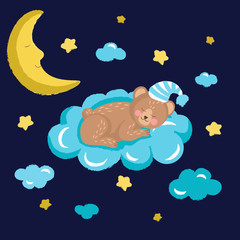 Cute sleeping bear vector illustration with clouds stars and moon - 113605514