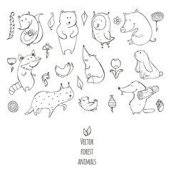 Vector illustration with cute and naive forest animals. Hand drawn black and white set, decorated with flowers and birds, isolated on white. Bear, fox, raccoon, squirrel, owl, beaver, lynx, bunny, pig